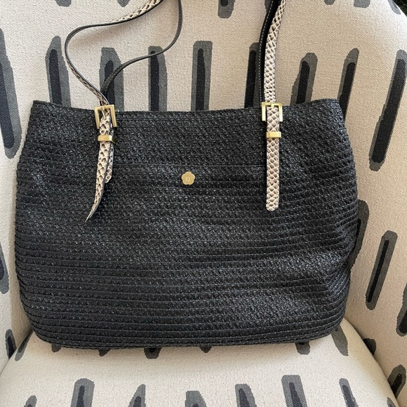 Eric Javitz black straw tote bag with leather handles squishee - Picture 9 of 14